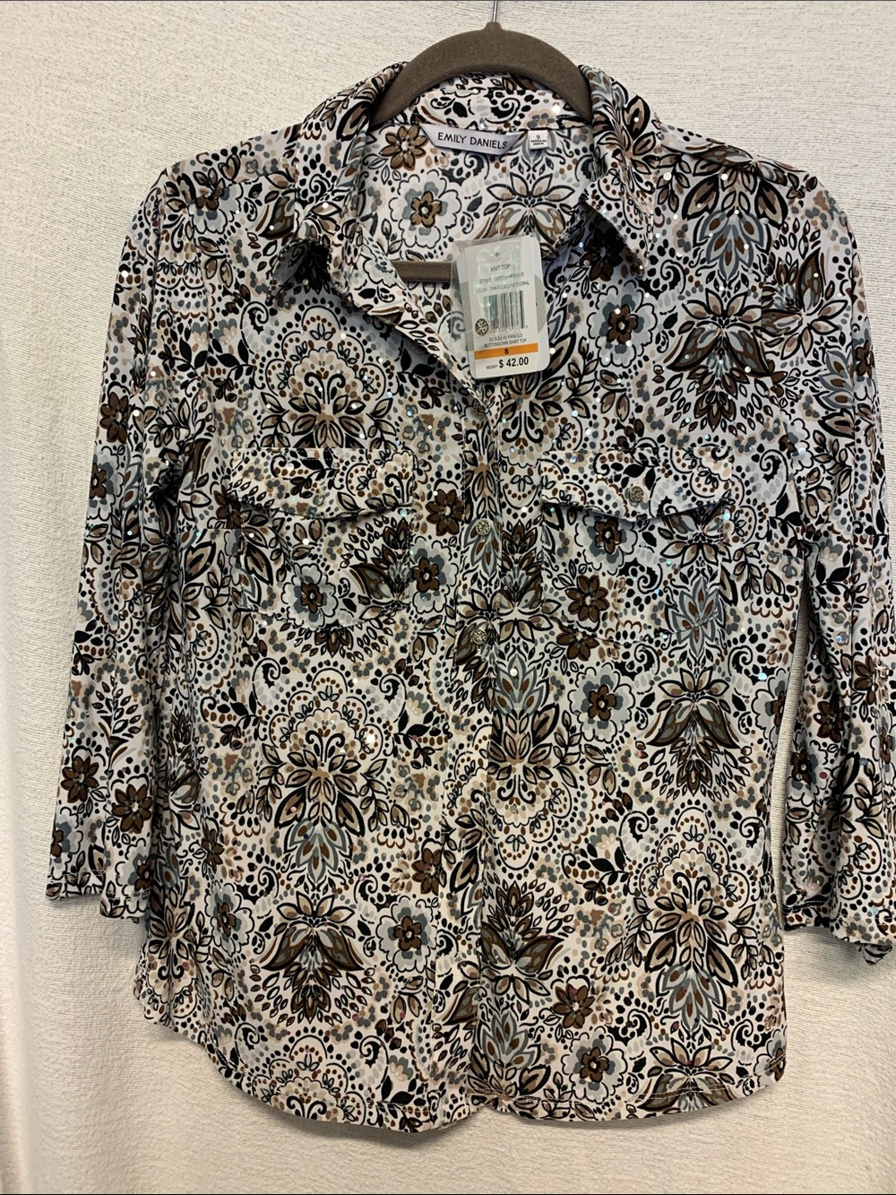 Emily Daniels Women's Brown Floral sequined Button-front Blouse NEW Size Small